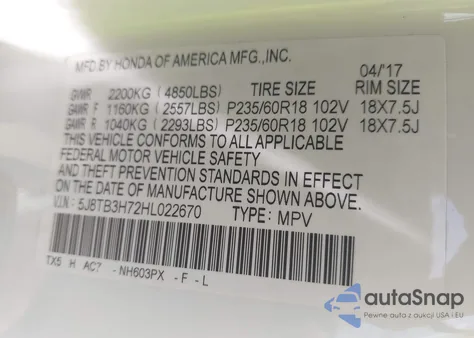 2017 Acura Rdx Advance Package z USA, uszkodzony, nr VIN 5J8TB3H72HL022670